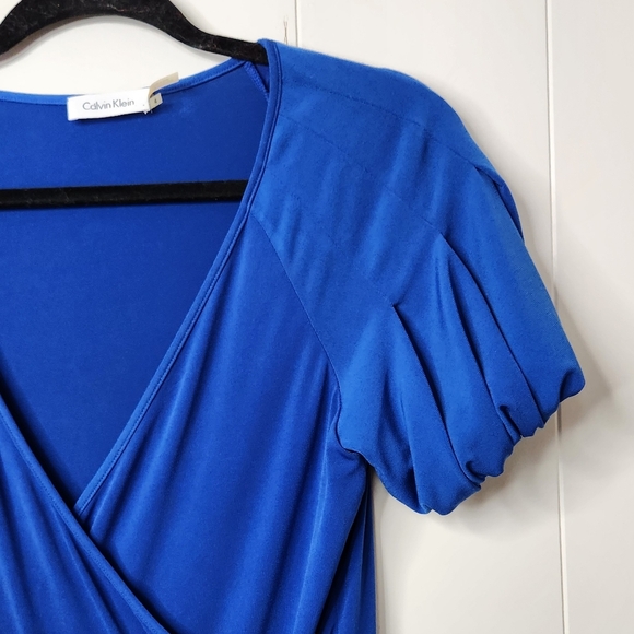 Calvin Klein Blue Short Sleeve Knee Length Dress Stretchy Wrap V-Neck Office - Picture 4 of 10